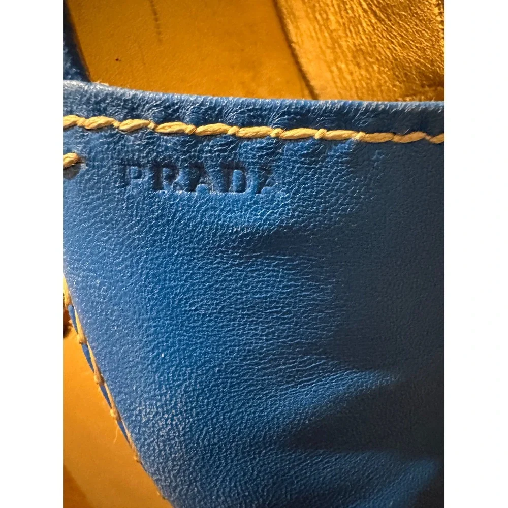 Vintage Prada Blue Leather Espadrille Platform Peep Toe Sandals, size 38